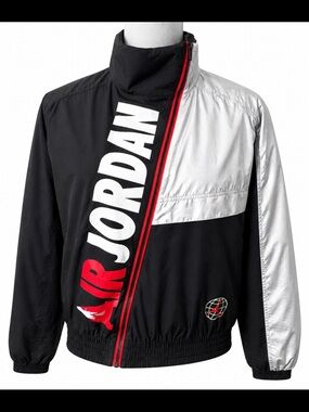 Nike Air Jordan Windbreaker Jacket Black Silver Red Colorblock Big Logo Zip XS